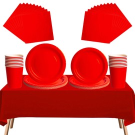 69pcs Red Disposable Tableware Set - 20 Napkins, 16 Cups, 16pcs 7inch and 9inch Plates, 1pcs Red Tablecloths | Biodegradable Dinnerware for Birthdays, Weddings, Kids Adult Christmas Party