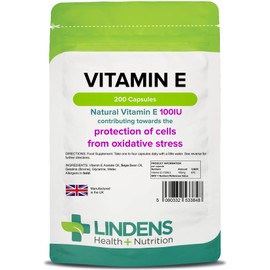 Lindens Vitamin E Oil 100IU - 200 Capsules - UK Made - Skin - Powerful Antioxidant | Protection of Cells from Oxidative Stress | Vitamin E Capsules | Letterbox Friendly