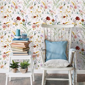 VaryPaper 17.7''x78.7'' Vintage Floral Peel and Stick Wallpaper Watercolor Leaf Butterfly Wildflower Wallpaper Wall Mural Self Adhesive Removable Floral Contact Paper for Bedroom Walls Cabinet Shelves