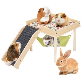 Guinea Pig Hammock with Platform, Wooden Guinea Pig Hideout Toys with Ramp, Guinea Pig Castle with Soft Mat & Stairs for Small Animals Hamsters Chinchilla Hedgehog Rat Ferret Bunny