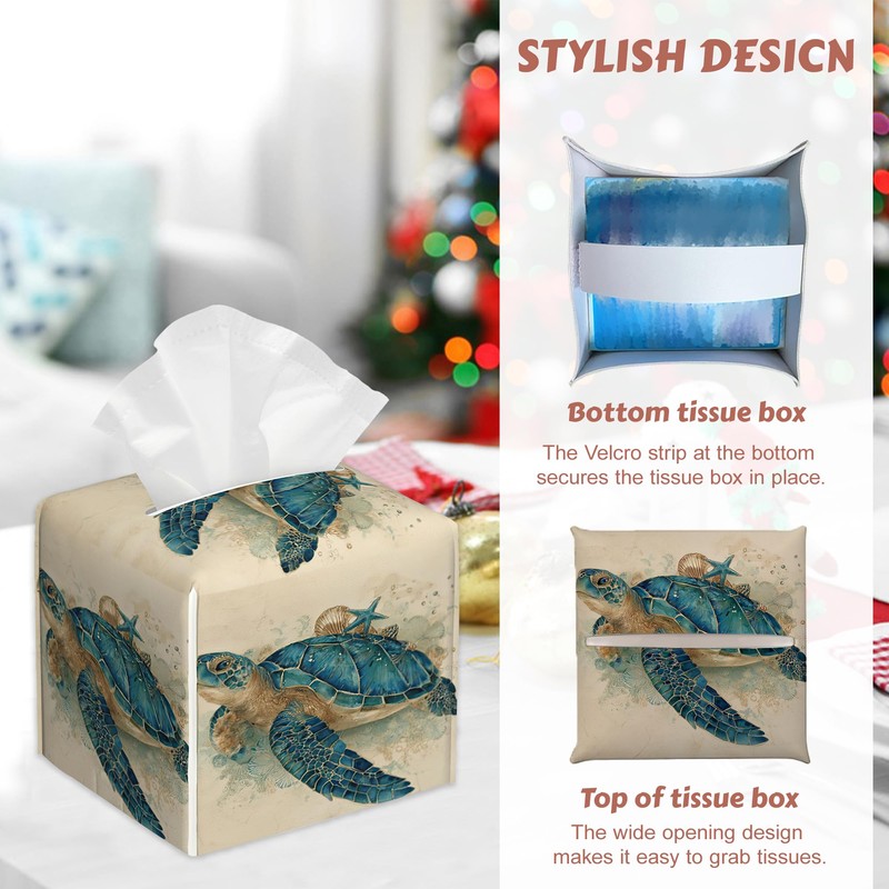 Ocean Sea Turtle Tissue Box Holder, Leather Tissue Box Cover