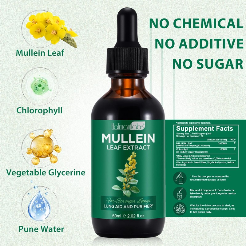 2 Pack Mullein Drops for Lungs, Natural Mullein Herbal Supplements,