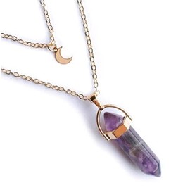 Textiles 4 Home Woman’s Natural Hexagon Quartz Chakra Crystal Pendant Double Layer Moon Necklace Gold (Amethyst)