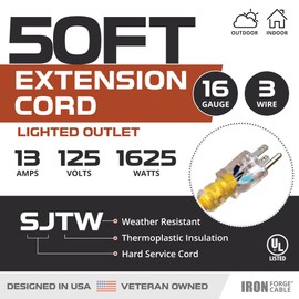 IRON FORGE CABLE 50 Ft Yellow Extension Cord - 16/3 SJTW Lighted Outdoor High Visibility Electrical Cable with 3 Prong Grounded Plug for Safety