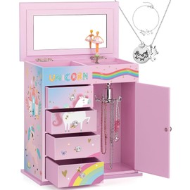 efubaby Jewelry Box for Girls 5-Layer Jewelry Holder Organizer Music Spinning Ballerina Unicorn & Rainbow Design Unicorn Jewelry Set Children Jewelry Box for Girls Birthday Christmas Gift Pink&Blue