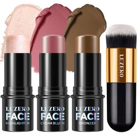 Lezero Kit de maquillaje en barra de contorno de 3 piezas, tonos con resaltador, rubor y bronceador para esculpir la cara y todo tipo de piel, larga d