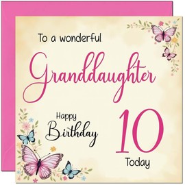 10th Granddaughter Birthday Card - Beautiful Butterfly Floral Granddaughter Birthday Card for 10 Year old Kids ten, tenth