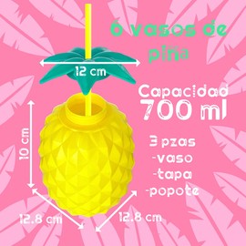 6 Vasos de Piña de Plástico con Textura Antiderrapes para Pool Party, 700 ml, Incluye Popote y Tapa Para Fiestas Eventos y Playa GRUPO CARNAVALLIA