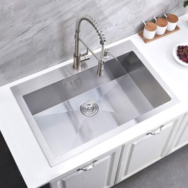 KINGO HOME 33 x 22 Inch Drop in Stainless Steel Kitchen Sink, Single Bowl 16 Gauge Top mount Sink Commercial Handmade 9 Inch Deep Kitchen Sinks Workstation Single Basin Brushed Satin Nickel