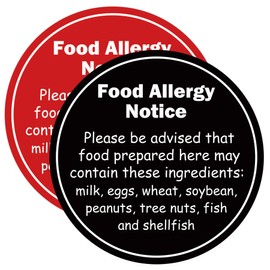 2 Pcs Food Allergy Notice Sign Stickers 7 inch Caution Allergy Warning Commercial Allergy Placard Label Caution Danger Safety Security Signs for Restaurant Food Coffee Shop Bakery (Two-Tone)