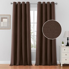 HOMEIDEAS 100% Chocolate Brown Linen Blackout Curtains for Bedroom, 52 X 84 Inch Room Darkening Curtains for Living, Faux Linen Thermal Insulated Full Black Out Grommet Window Curtains/Drapes
