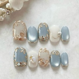 BQZQPAMZ 10pcs Blue Glitter Short Square Fake Nails Spring Press On Nails With Silver Embossed Pattern Designs Press On Fingernails for Women DIY Spring Acrylic Nail Art Supplies