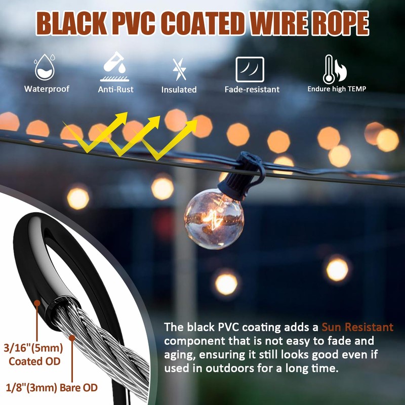 hannger String Light Hanging Kit Outdoor, Full Black Globe String