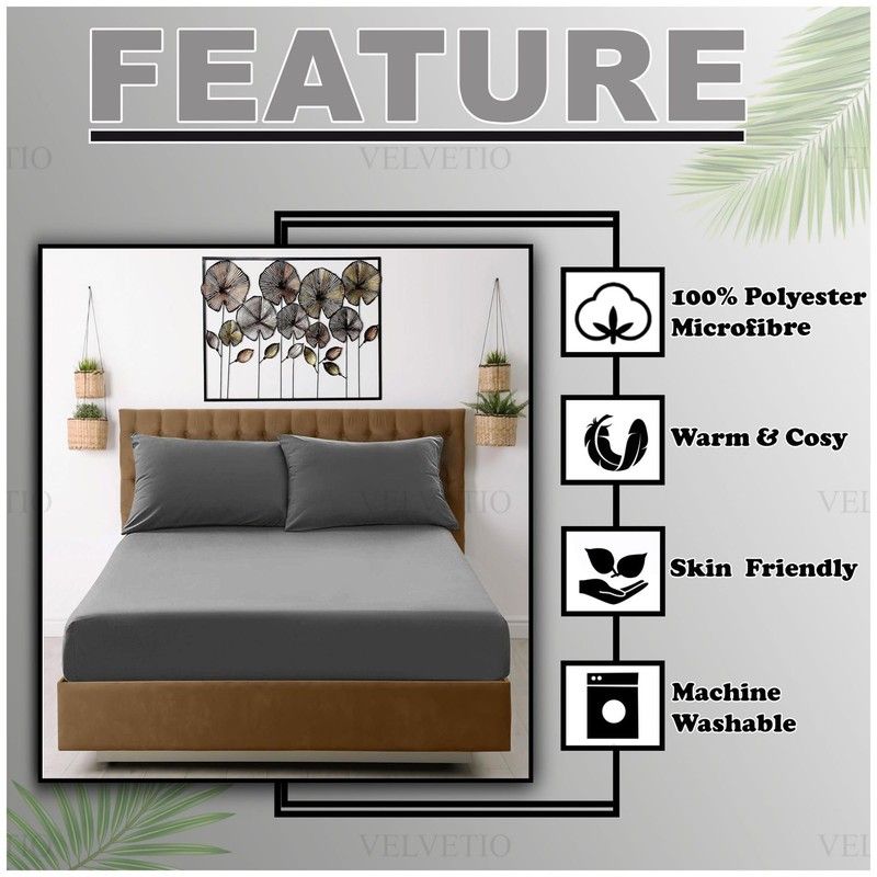 VELVETIO Easy Care Plain Charcoal Fitted Sheet, Soft Breathable 100%