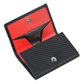LUCKYSGY Coin Purse, Men's, Genuine Leather, Women's, Wallet, Small, Box Type, Button Type, Card Slots, Holds 35 Coins, Carbon Black x Red