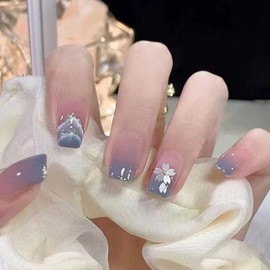 Pack of 24 Square Nails for Sticking Short, Blue Gradient French Artificial Nails, Natural Artificial Nails, Press on Nails with Snowflake Design, Square Fingernails Fake Nails for Women and Girls