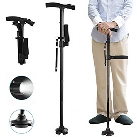 Bastones para Adulto Mayor, Bastón Plegable Ajustable de 2 Mangos | Luz LED Ajustable de 45° | Altura Ajustable de 5 Niveles | Base Cuádruple Pivotante, Bastón para Ancianos y Adultos