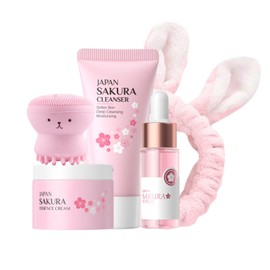 Skincare Gift Set for Women & Teen Girls - Sakura SkinCare Set with Foaming Cleanser, Smoothing Serum, Hydrating Cream, Skin Care Gift for Her
