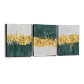 Pacimo Canvas Art Wall Decor Geometric Gold Green Pictures Strokes Abstract Shapes Illustrations Painting Prints on Canvas 3 Pieces Modern Artwork Stretched and Framed Ready to Hang - 12" x 16" x 3