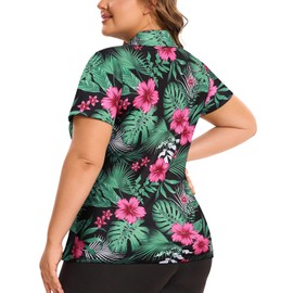 Misyula Style Golf Shirts for Woman Plus Size Polo Short Sleeve Tennis Tops Dry Fit Quarter Zip Pullover UPF 50+ Athletic Casual Holiday Summer Outfits,Tropical Floral,1XL