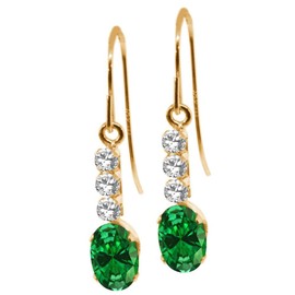 Gem Stone King 10K Yellow Gold Green Simulated Emerald and White Created Sapphire Drop Dangle Earrings For Women (1.49 Cttw, Gemstone, Oval 6X4MM)