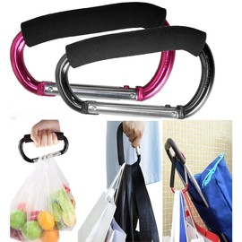 Ganchos grandes para carriola para mamá, 2 ganchos de mosquetón para colgar monederos, bolsa de pañales, bolsas de compras Clip para sistemas de viaje individual/gemelos, asientos de coche (negro +