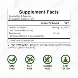 Deal Supplement Vitamin B1 500mg with Benfotiamine, 240 Capsules – 2 in 1 Enhanced Formula – Fat & Water Soluble Thiamine B1 Supplement – Third Party Tested, Non-GMO, No Gluten