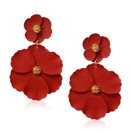 WUWEIJIAJIA Boho Flower Stud Earrings with White Pearl for Women Lover and Friends Flower Shaped Daisy Dangle Drop Earrings with Gold Flower Bud (3-Red)