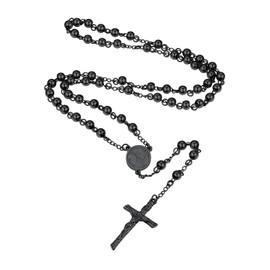 Supcare Rosary Beads Catholic Black, Archangel Saint Michael Pendant Crucifix Cross Necklace for Men, Stainless Steel Protection Chains