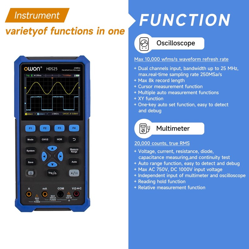 OWON Handheld Oscilloscope, Digital Multi Functional Oscilloscope Multimeters,20000 Counts Portable