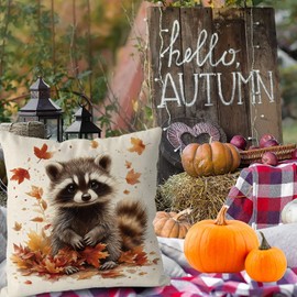 GAGEC Fall Pillow Covers 18x18 Inch Raccoon Maple Leaves Decorative Throw Pillow Covers Harvest Autumn Pillowcase for Farmhouse Home Sofa Living Room Decor