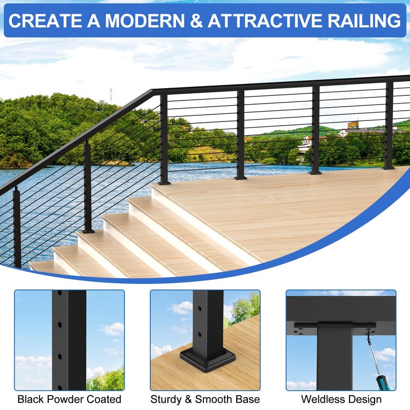 PLANTOP 35"x2"x2" Stainless Steel Cable Railing Post, Black Top Mount