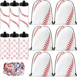 Funnymoom 24 Pcs Baseball Water Bottles Baseball Bag Set with 50 Sticker Baseball Party Favors 12 Reusable Sports Squeeze Water Bottles 20oz 12 Baseball Goodie Gift Bag for Baseball Team Gifts Gym
