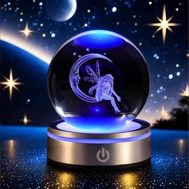 Fairy Moon Crystal Ball with LED Light Stand, 80mm 3D Laser Engraved Fairy Decor Glass Spere Paperweight, Crystal Fairy Figurine Gift for Women Kids Girlfriend Birthday
