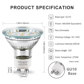 comzler GU10 LED Bulb, 2700K Soft Warm White, 50W Halogen Equivalent, Recessed Track Lighting Replacement, 120V 4W 400LM, CRI 85+, 120 Degree, ETL,GU10 Bulbs Base, for Kitchen, Non-Dimmable, 6 Pack