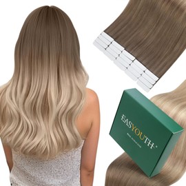 Easyouth 24 Inch Tape in Extensions Human Hair Ombre Tape Hair Extensions Real Human Hair Light Brown to Ash Blonde and Platinum Blonde Balayage Remy Hair Extensions Tape in Human Hair 50g 20Pcs
