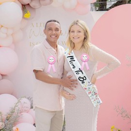 Homanu Wildflower Mom to Be Sash Baby Shower Decorations, Floral Mommy to Be Sash Dad to Be Pin Set for Pregnant Mommy Party Decorations