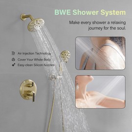 BWE Brushed Gold Shower Faucet Sets Wall Mounted Shower System - 6.1" Rain Shower Head Combo with High Pressure 5-Setting handheld Spray Bathroom Shower Fixtures with Valve