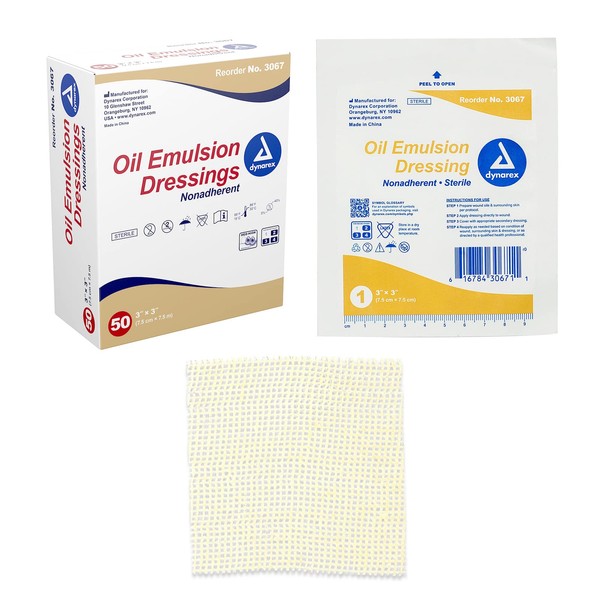 Dynarex Oil Emulsion Dressings, Wound Care, Absorbent, 3” x 3” Sterile Knitted Gauze Dressing with Emulsion Blend of Petrolatum and Sunflower Oil, 1 Box of 50 Oil Emulsion Dressings