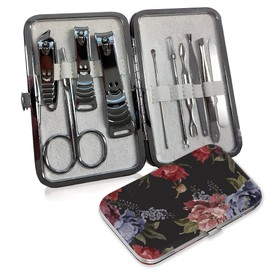 Manicure Set 10 in 1 Stainless Steel Manicure Kit Professional Pedicure Grooming Kit Portable Pedicure Kit Nail Tools & Accessories Hair Facial Care and Nail Care for Men and Women (Black Floral)