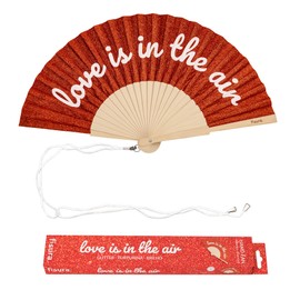 Fisura – Ventaglio originale con messaggio “Love is in the air”. Accessorio pieghevole in legno con glitter rosso, ventilatore manuale per estate, vacanze o festival. Laccetto incluso 42,5 x 23 cm