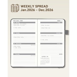 2026 Pocket Calendar by YihurKis - Weekly and Monthly Planner, 3.5'' x 6'', 2026 Purse Planner with Pen Holder, Leather Hard Cover, Inner Pocket For Men & Women - Grey Black