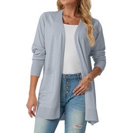 GRECERELLE 2025 Womens Lightweight Open Front Casual V-Neck Long Cardigan Sweater with Pockets Grey Blue, L