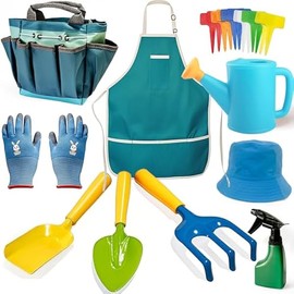 Kids Gardening Set, Garden Tool Kit for Toddlers Include Kids Trowel, Shovel and Rake, Children Gloves, Hat, Tote Bag, Spray Bottle, Watering Can and Apron for Girls Boys Outdoor Gardening and Beach