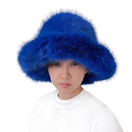 Lina & Lily Oversized Winter Faux Fur Bucket Hat for Women - Long Pile Fur Wide Moldable Brim (Royal Blue)