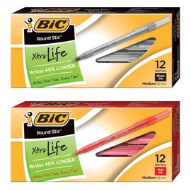 BIC Round Stic Xtra Life Ball Pen Medium Point Black & Red Ink 12/Box (GSM11)