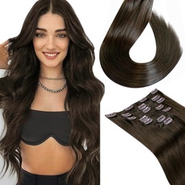 Clip in Human Hair Extensions Darkest Brown Hair Extensions Real Human Hair Clip ins Dark Brown Remy Hair Extensions Double Weft Long Straight Hair Extensions 22 inch 7pcs 120g
