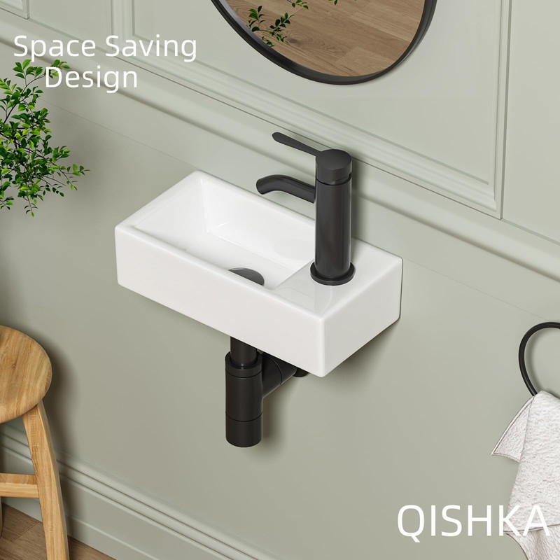 Small Wall Mount Vessel Sink, QISHKA 14.4" x 7" Ceramic