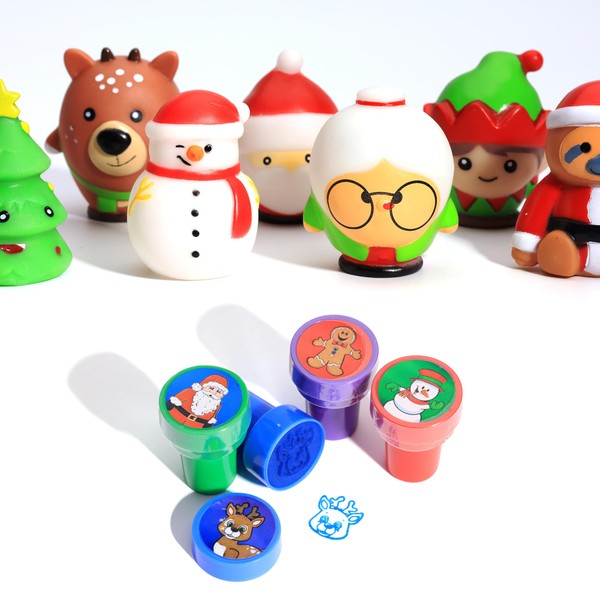 Entervending - Regalos de fiesta de Navidad para niños, 36 piezas de juguetes pequeños de Navidad para bolsas de regalos, personajes surtidos, juguetes de goma y sellos para premios de Navidad en el aula