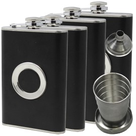 BlueDot Trading Leather and Stainless Steel 8 oz Liquor Flask with Built-In Collapsible 2 oz Stainless Steel Shot Glass and Funnel - 1 2 3 or 4-Pack (4)